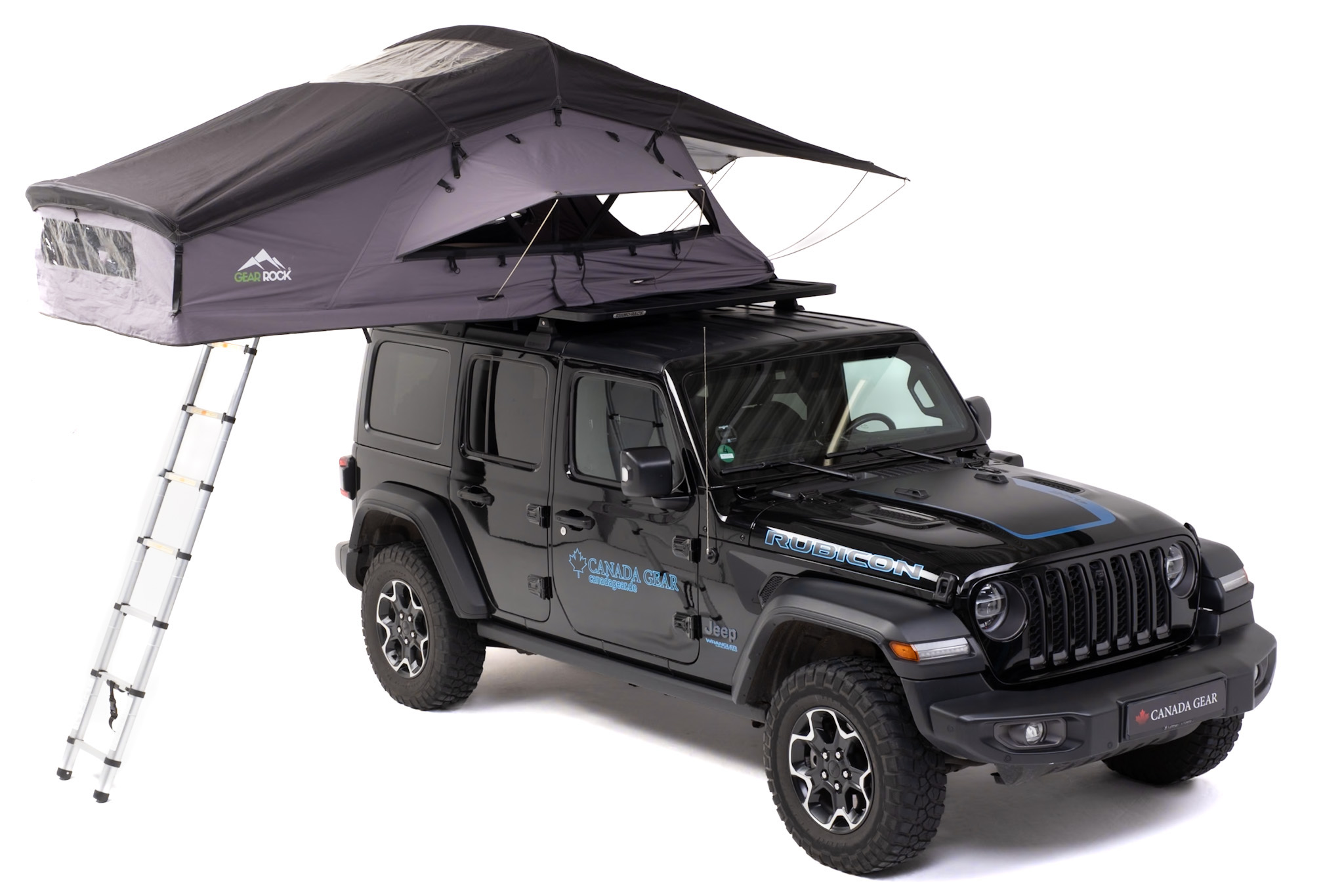 Tenda da tetto Gear Rock Chilkat Pro aperta  su fuoristrada Jeep Wrangler